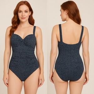 Nip Tuck Swim One Piece Swimsuit‎ Size 6 Blue White Chevron Tummy Control Cups
